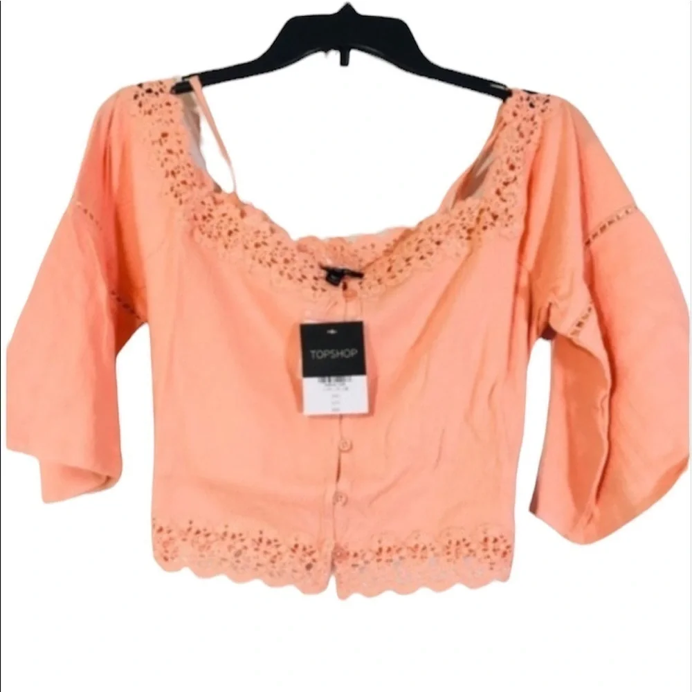 TopShop Womens Orange Cold Shoulder Elbow Sleeve Button Crop Tank Top Sz 10 New